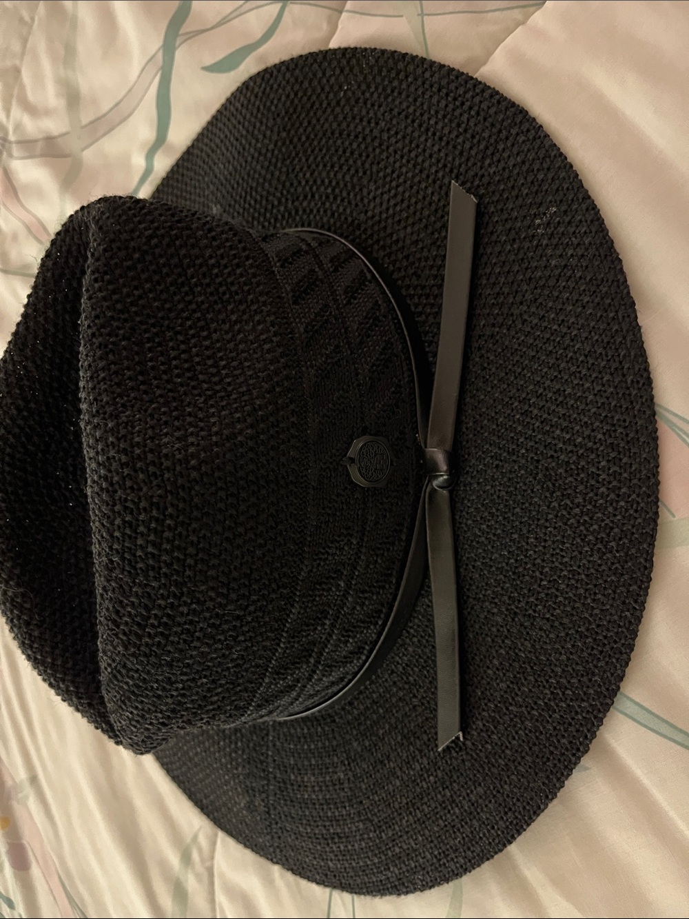 Vince Camuto Black Woven Fedora with Ribbon Trim